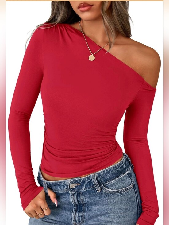 PrettyGarden Tops - Pretty Garden Women’s Red Draped Long-Sleeve Top